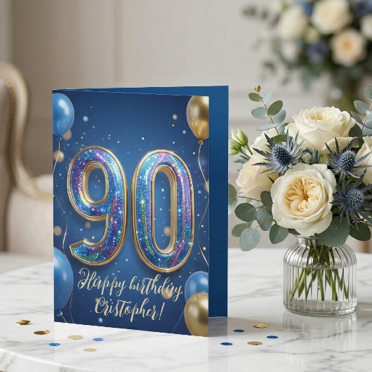 Elegant Blue Gold Sparkly Balloons 70th Birthday カード