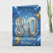 Elegant Blue Gold Sparkly Balloons 80th Birthday カード (正面)