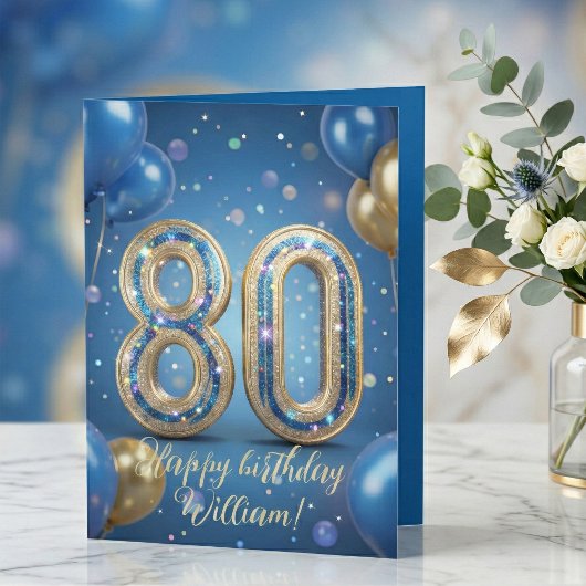 Elegant Blue Gold Sparkly Balloons 80th Birthday カード