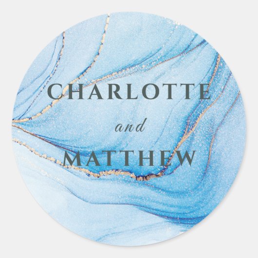 Elegant Blue & Gold Wedding Invitation  ラウンドシール (正面)