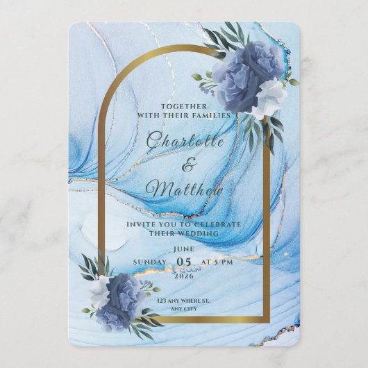 Elegant Blue & Gold Wedding Invitation  招待状 (正面)