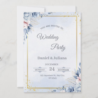 Elegant Blue & Gold Wedding Invitation 招待状