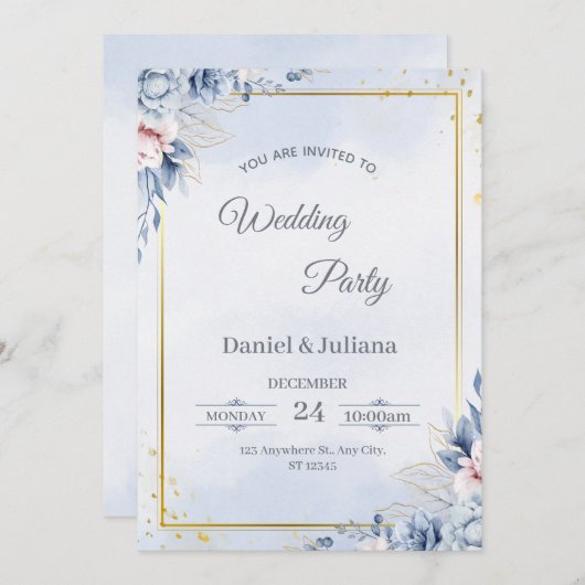 Elegant Blue & Gold Wedding Invitation 招待状 (正面/裏面)