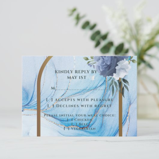 Elegant Blue & Gold Wedding RSVP Card  (スタンド正面)