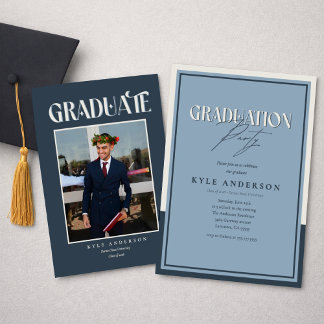 Elegant Blue Graduation Party Photo Invitation 招待状
