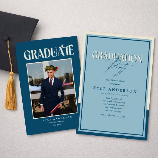 Elegant Blue Graduation Party Photo Invitation 招待状