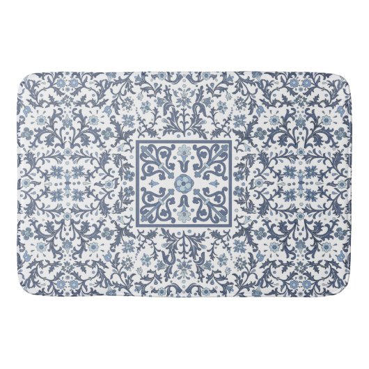 Elegant Blue Graphic Floral Pattern バスマット (正面)
