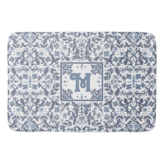Elegant Blue Graphic Floral Pattern Monogram バスマット (正面)