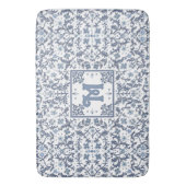 Elegant Blue Graphic Floral Pattern Monogram バスマット (正面縦)