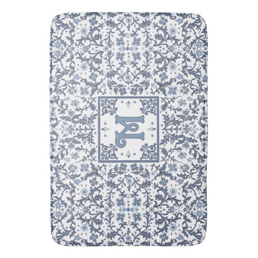 Elegant Blue Graphic Floral Pattern Monogram バスマット (正面縦)