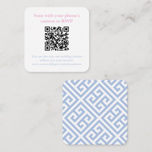 Elegant Blue Greek Key Wedding Site QR Code エンクロージャーカード (正面/裏面)