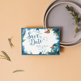 Elegant Blue Green Botanical Butterfly Wedding セーブザデート