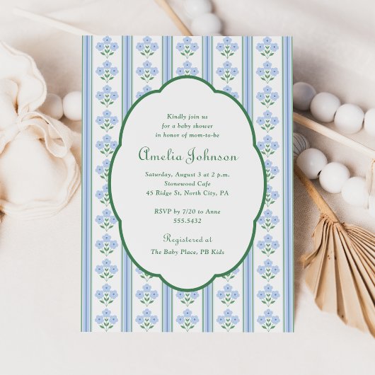 Elegant Blue Green Floral Baby Shower Invitation 招待状