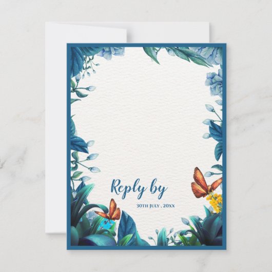 Elegant Blue Green Foliage Butterfly Wedding Reply 出欠カード (正面)