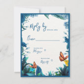 Elegant Blue Green Foliage Butterfly Wedding Reply 出欠カード (裏面)