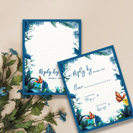 Elegant Blue Green Foliage Butterfly Wedding Reply 出欠カード