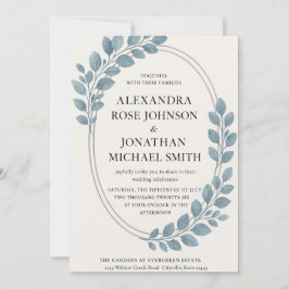 Elegant Blue Greenery & Silver Oval Modern 招待状