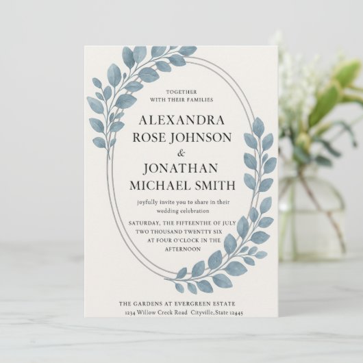 Elegant Blue Greenery & Silver Oval Modern 招待状 (スタンド正面)