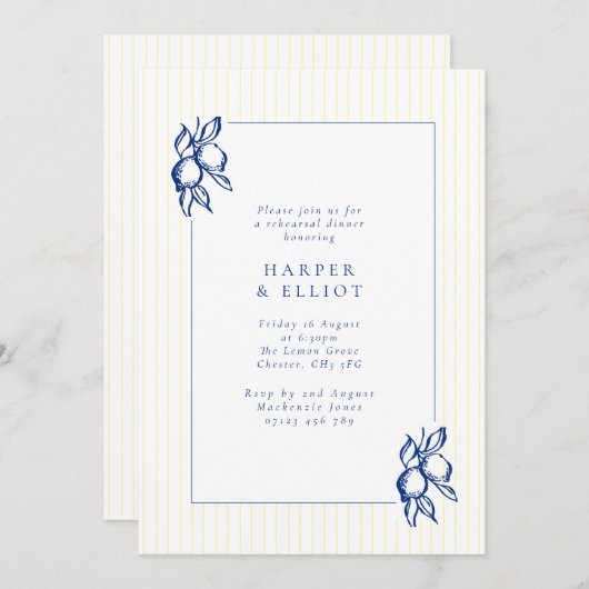 Elegant Blue Hand Drawn Lemon Rehearsal Dinner 招待状 (正面/裏面)