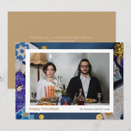 Elegant Blue Happy Hanukkah Family 1 Photo シーズンカード (正面/裏面)