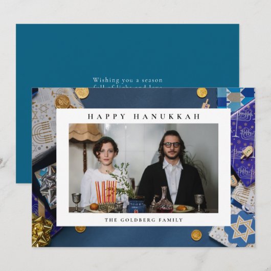 Elegant Blue Happy Hanukkah Family 1 Photo シーズンカード (正面/裏面)