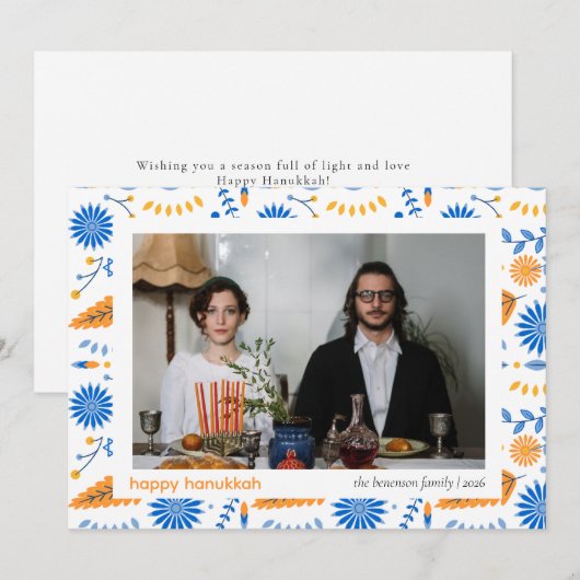 Elegant Blue Happy Hanukkah Family 1 Photo シーズンカード (正面/裏面)