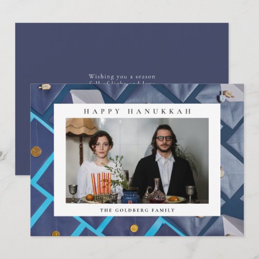 Elegant Blue Happy Hanukkah Family 1 Photo シーズンカード (正面/裏面)