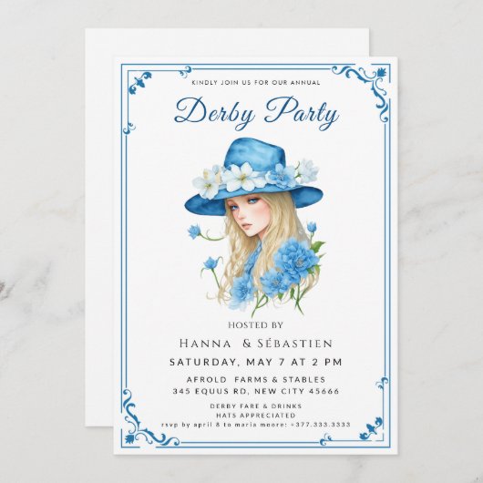 Elegant Blue Hat Garden Party Invitation 招待状 (正面/裏面)