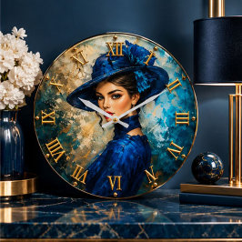 Elegant Blue Hat Lady Fashion Portrait ラージ壁時計