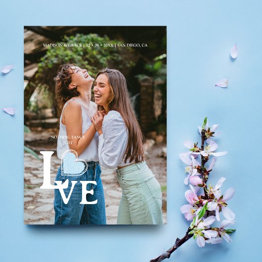 Elegant Blue Heart Photo Fancy Love Wedding セーブザデート