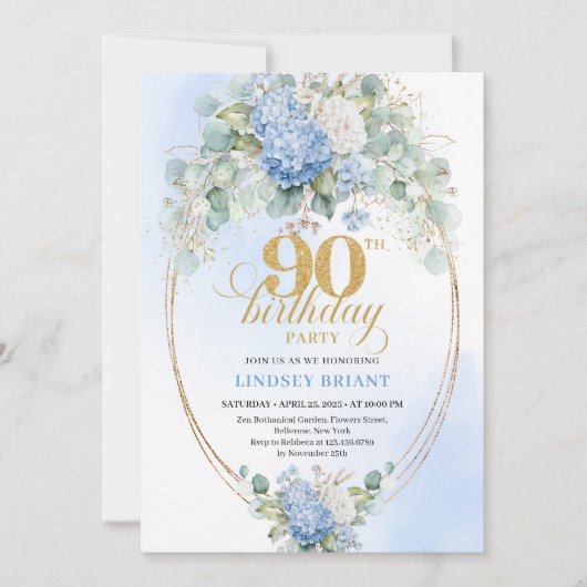 Elegant Blue Hydrangea 90th Birthday Invitation 招待状 (正面)