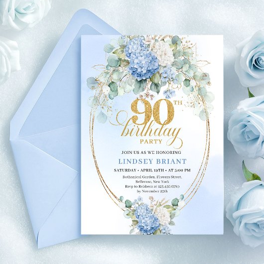 Elegant Blue Hydrangea 90th Birthday Invitation 招待状