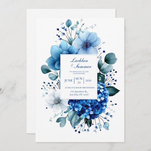 Elegant Blue Hydrangea Anemone Eucalyptus 招待状 (正面/裏面)