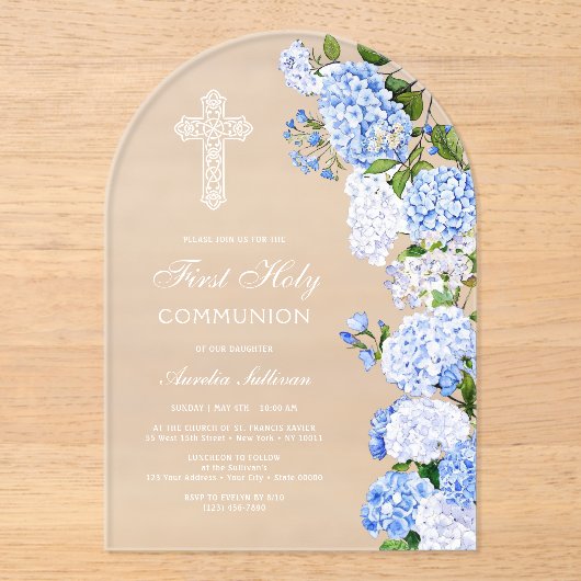 Elegant Blue Hydrangea Arch First Communion アクリル招待状 (正面)