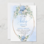 Elegant Blue Hydrangea Baby Shower Gold Invitation 招待状 (正面)