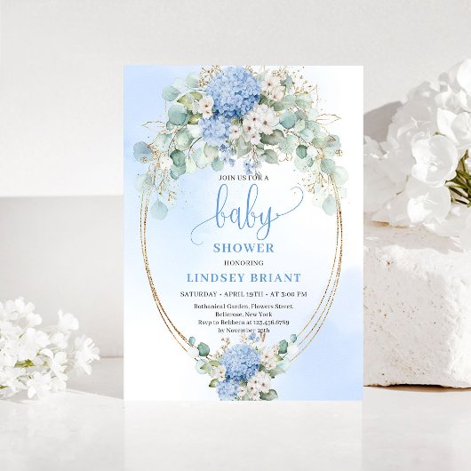 Elegant Blue Hydrangea Baby Shower Gold Invitation 招待状