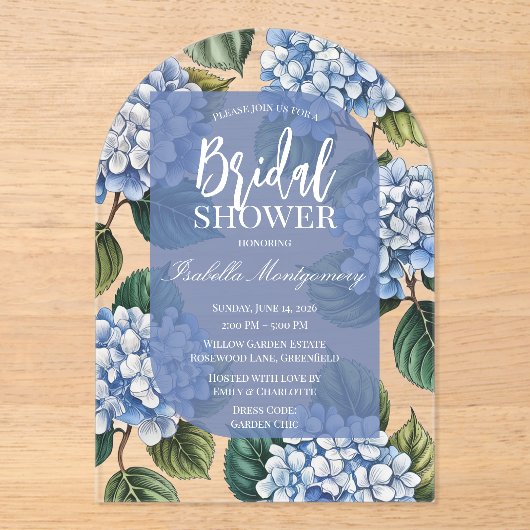 Elegant Blue Hydrangea Bridal Shower アクリル招待状 (正面)