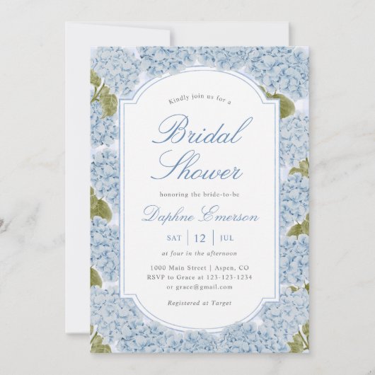 Elegant Blue Hydrangea Bridal Shower 招待状 (正面)