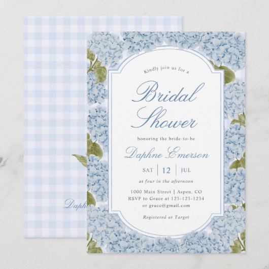 Elegant Blue Hydrangea Bridal Shower 招待状 (正面/裏面)