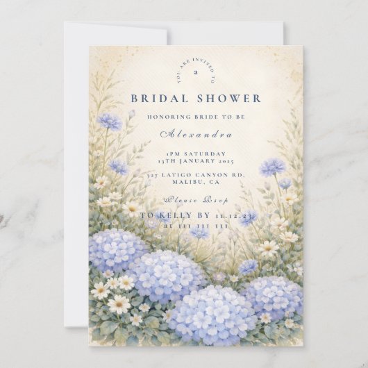 Elegant Blue Hydrangea Bridal Shower 招待状 (正面)