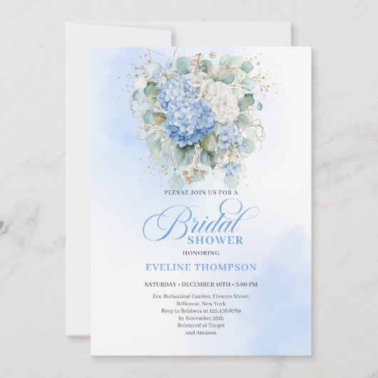 Elegant Blue Hydrangea Bridal Shower Invitation 招待状 (正面)