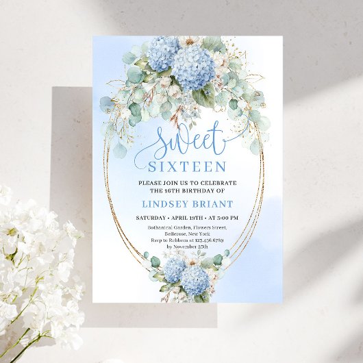 Elegant Blue Hydrangea Eucalyptus Sweet Sixteen  招待状