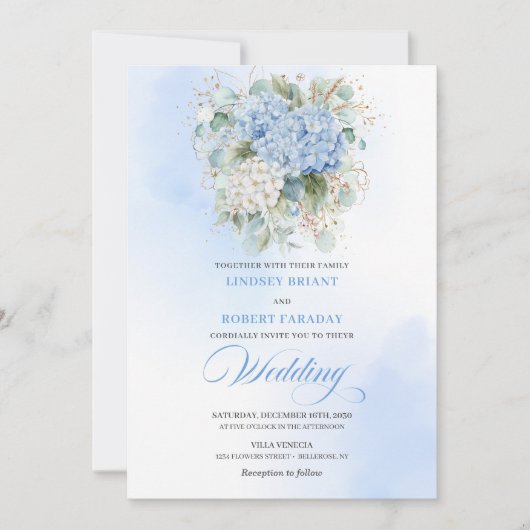 Elegant Blue Hydrangea Eucalyptus Wedding Invite 招待状 (正面)