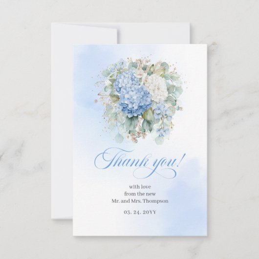 Elegant Blue Hydrangea Eucalyptus Wedding thanks 出欠カード (正面)