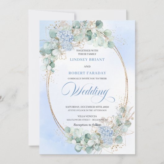 Elegant Blue Hydrangea Eucalyptus Wheat Wedding  招待状 (正面)