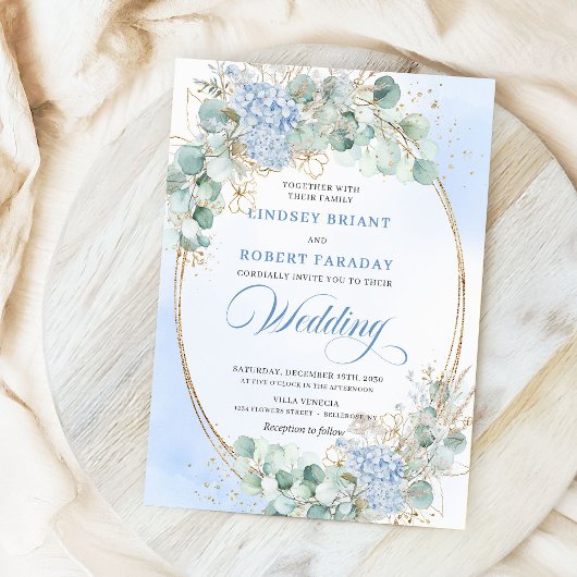 Elegant Blue Hydrangea Eucalyptus Wheat Wedding  招待状