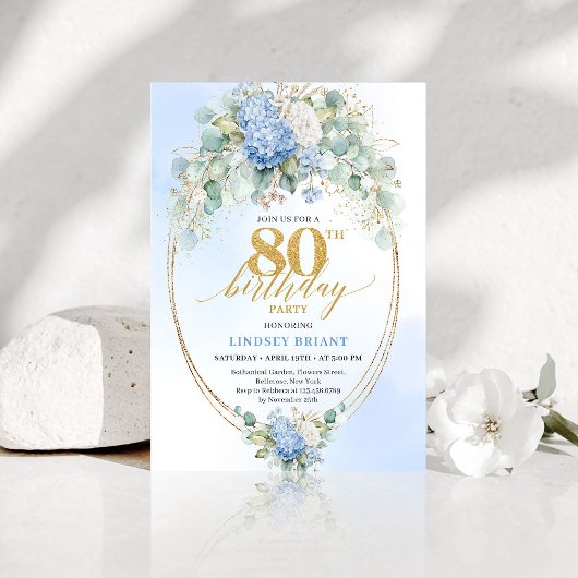 Elegant Blue Hydrangea Floral 80th Birthday Invite 招待状
