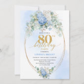 Elegant Blue Hydrangea Floral 80th Birthday Invite 招待状 (正面)