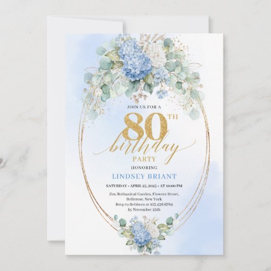 Elegant Blue Hydrangea Floral 80th Birthday Invite 招待状 (正面)