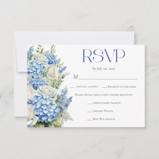 Elegant Blue Hydrangea Floral Meal Choice Wedding 出欠カード (正面)